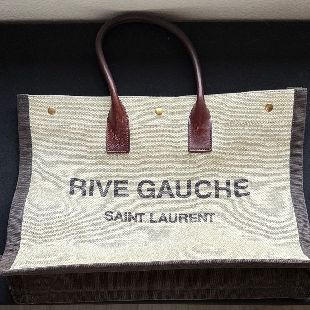 Saint Laurent Rive Gauche Canvas Tote - Cream and Brown